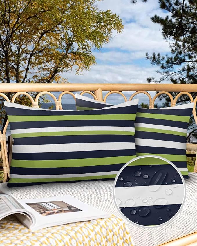 Pack of 2 Blue Green White Stripes Outdoor Pillow Waterproof Covers 20x12 inch, Classic Geometric Polyester Throw Pillow Covers Garden Cushion Decorative Case for Patio Couch Decoration