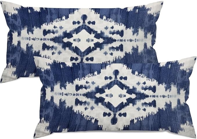 Set of 2 Navy Blue Grey and Beige Ikat Pattern Print Cushion Cover Case with Zipper 12x24in Canvas Pillow Cover Rectangle Pillow Case for Couch Bed Car Pub Coffee Bar Living Room Decoration