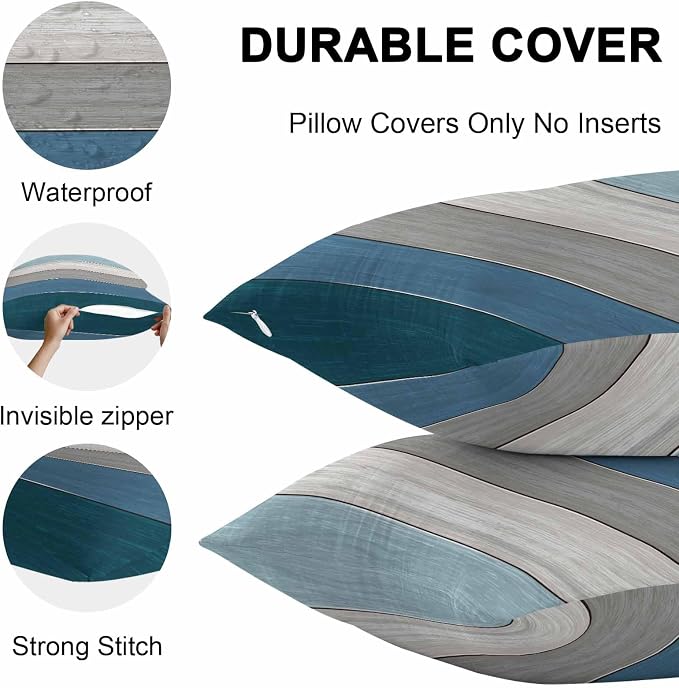 Outdoor Throw Pillow Covers 24X24 Set of 2 Waterproof Ombre Blue Gray Decorative Zippered Cushion Covers for Patio Furniture, Farmhouse Retro Rustic Barn Wood Texture Lumbar Pillowcases Ocean Hues
