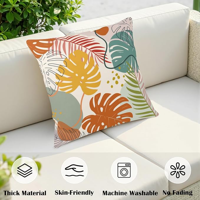 Abstract Tropical Pillow Covers Colorful Tropical Monstera Palm Tree Leaves Throw Pillow Covers Summer Boho Pillowcase 22x22 Set of 2 Neutral Cushion Case for Couch Sofa