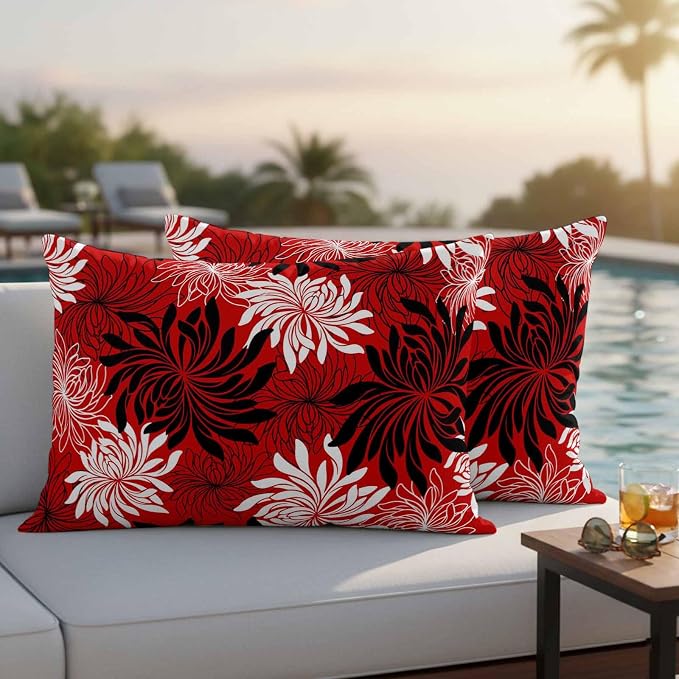 Yukro Red Black Floral Outdoor Waterproof Pillow Covers Pack of 2, Vintage White Black Flower Red Decorative Throw Pillowcases Cushion Covers for Garden Patio Tent Sofa Couch, 20x12 inch