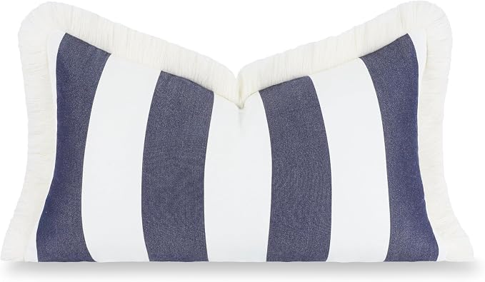 Hofdeco Premium Coastal Hampton Outdoor Performance Lumbar Pillow Cover Only, 12"x20" Water Repellent, UV and Fade Resistant for Backyard, Couch, Poolside, Indigo Blue Woven Beach Stripes