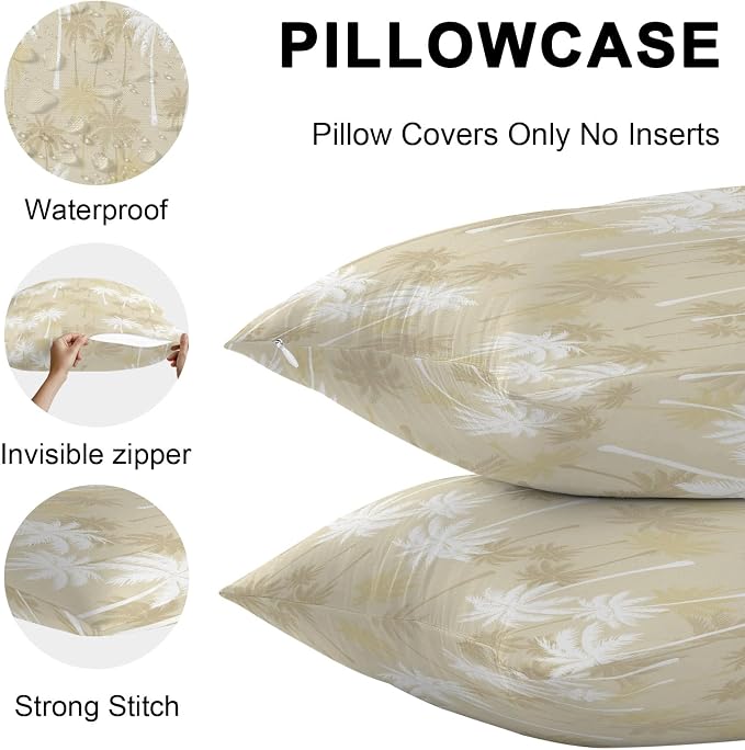 Throw Pillow Covers 18x18 Inch Set of 2, Tropical Palm Tree Waterproof Outdoor Pillow Covers, Beige White Plants Coastal Leaf Beach Decorative Cushion Pillowcases for Couch, Sofa, Bed, Garden, Patio