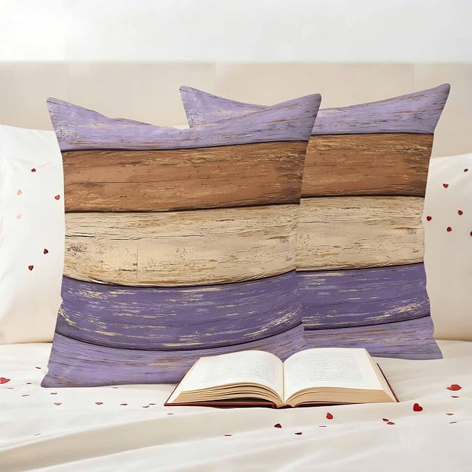 Farmhouse Purple Brown Outdoor Waterproof Pillow Covers, Vintage Wooden Striped Decorative Square Throw Pillowcase Sofa Cushion Sham for Patio/Couch/Chair, 26"x26" 2 Pack