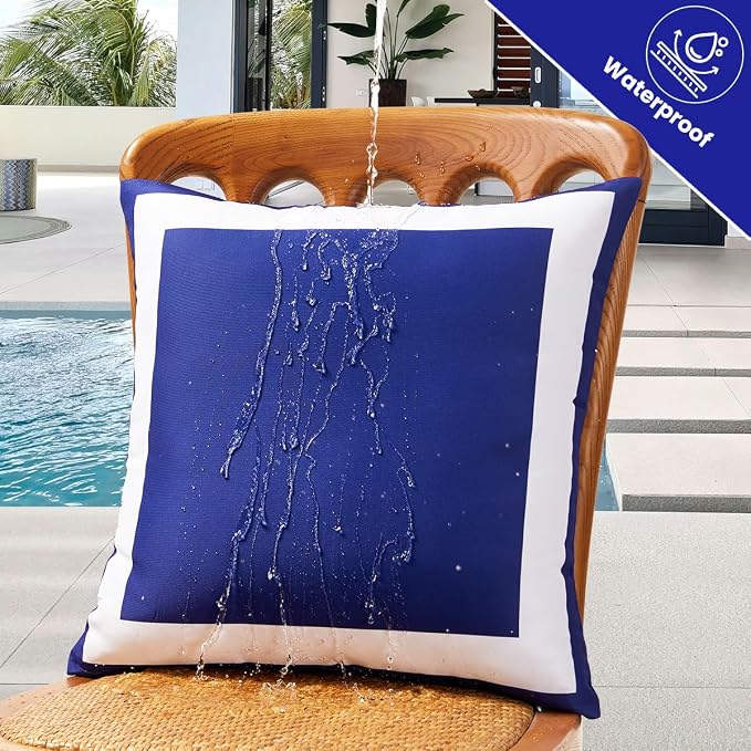 JOJOGOGO Navy Blue Outdoor Throw Pillow Covers Waterproof 18x18 Set of 2, Navy Decorative Outdoor Waterproof Sunburn Resistant Cushion Boho Pillows 18 x 18 for Patio Furniture Bench (White Border)