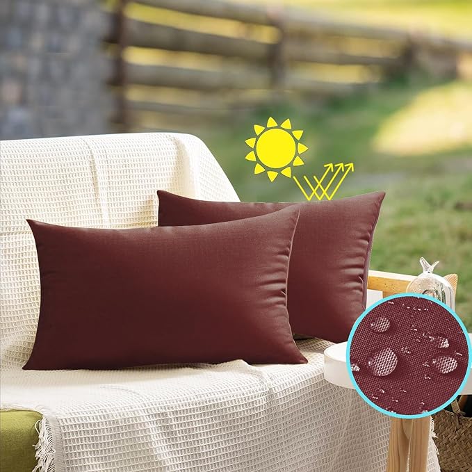 VAKADO 12x20 Lumbar Outdoor Waterproof WineRed Throw Pillow Covers Set of 2Decorative Tender Green Outside Patio Furniture Cushion Cases Decor for Garden Bench Porch Couch Tent Sunbrella