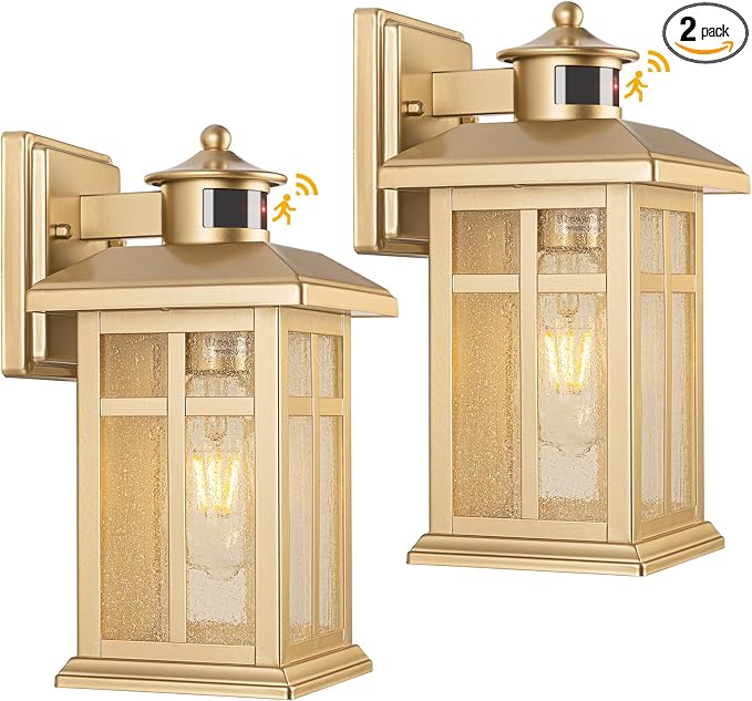 Exterior Motion Wall Sconce, 2 Pack Outdoor Light Fixture Wall Mount Gold | Hardwired Exterior Light Sconces with E26 Sockets & Tempered Glass, Wall Mounted Black Waterproof Outdoor Lights for House
