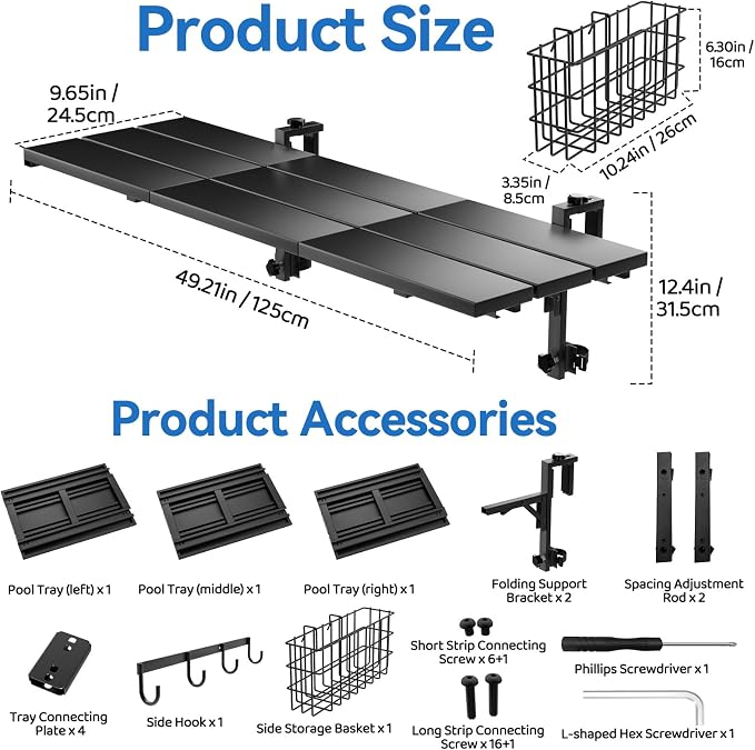 Pool Bar for Above Ground Pools, 49.2×9.6" Poolside Table Holds 110LBS, Adjustable Foldable Swim-Up Bar Fits Top Rails 3.94" or Less, Weather Resistant, for Outdoor & Balcony