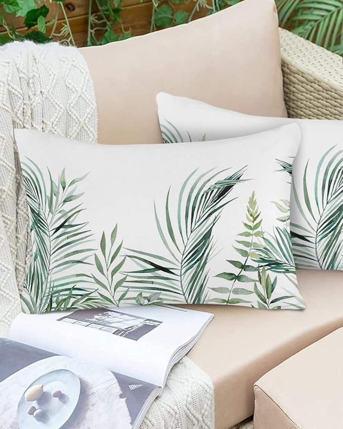 Outdoor Waterproof Throw Pillows Tropical Palm Leaves White Patio Pillows Pack of 2,Decorative Pillow Covers with Insert,Pillow Cushion Case for Garden Couch Sofa Pastoral Green Leaf Plant