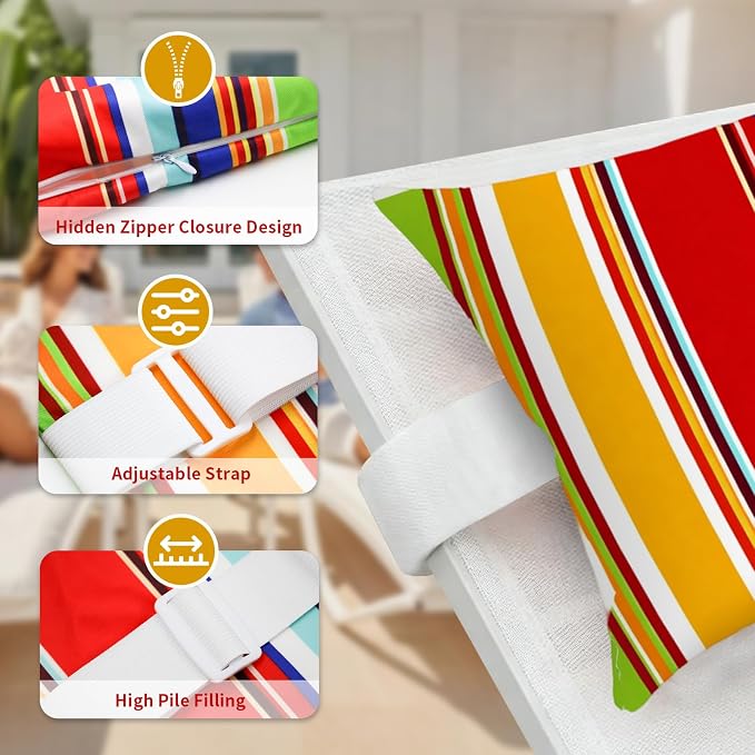 Outdoor Pillows for Lounge Chair Head Resting 2 Pack Waterproof | Headrest Lumbar Pillows with Adjustable Strap for Recliner Beach Pool Lounger Chair, Rainbow Stripes