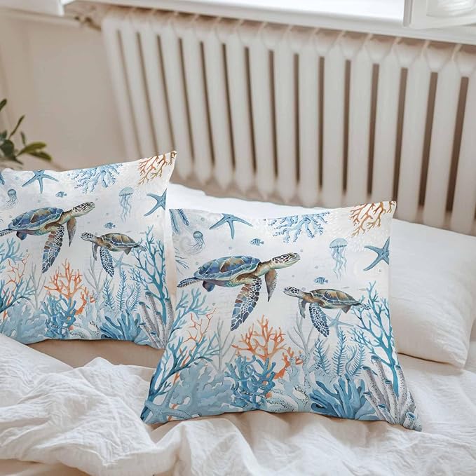 Sea Turtle Outdoor Pillow Covers Pack of 2, Teal Blue Ocean Beach Coastal Waterproof Pillow Covers Underwater Animal Throw Pillowcase for Patio Funiture Garden Tent, 18 x 18 inch