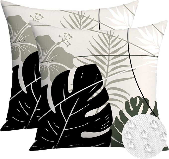 OTOSTAR Outdoor Waterproof Throw Pillow Covers 16x16 Inch Set of 2 Double-Sided Black Grey Tropical Leaf and Flower Spring Summer Decorative Pillow Cases for Patio Funiture Garden Balcony Couch