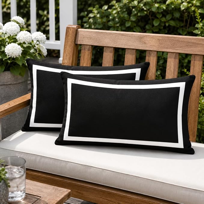 Pyonic Outdoor Waterproof Lumbar Pillow Covers Black and White Rectangle Pillowcases for Patio Garden Patio Tent,2 PCS,12 X 20 Inches