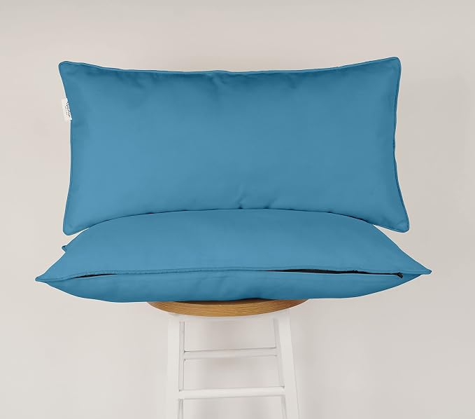 Indoor/Outdoor Polyester Fabric Lumbar Pillow Cover, All-Weather Waterproof Rectangular Cushion Case for Patio Furniture, 12 x 20 Set of 2 -Medium Blue