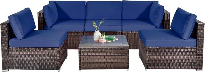 HAPPYGRILL 6 Pieces Outdoor Patio Furniture Set, PE Rattan Conversation Set with Tempered Glass Coffee Table and Cozy Cushions, Weather Resistant Sectional Sofa Set, Navy Blue