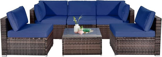 HAPPYGRILL 6 Pieces Outdoor Patio Furniture Set, PE Rattan Conversation Set with Tempered Glass Coffee Table and Cozy Cushions, Weather Resistant Sectional Sofa Set, Navy Blue