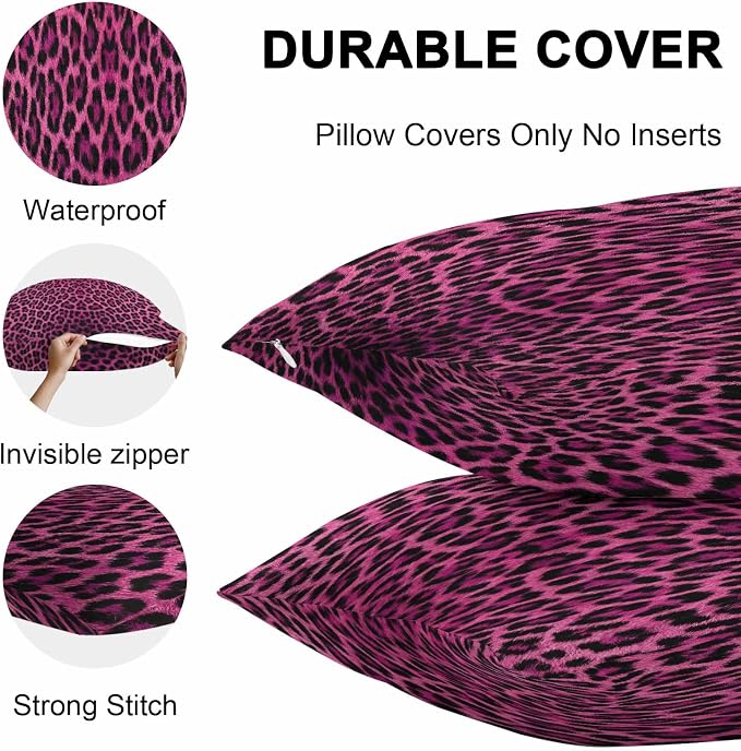 Vandarllin Outdoor Throw Pillows Covers 20x12 inch Set of 2 Waterproof Pink Leopard Print Decorative Zippered Cushion Covers for Patio Furniture, Retro Animal Fur Pattern Lumbar Pillowcases