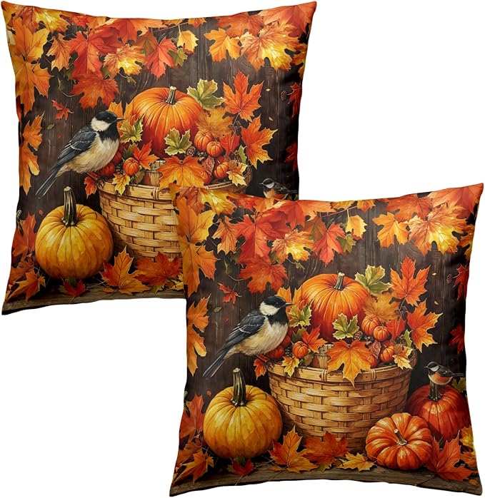 Pumpkin Throw Pillow Covers Fall Themed Pillow Covers 16x16 Set of 2 Orange Maple Leaf Pillows Cases Autumn Thanksgiving Cushion Cases for Home Farmhouse Patio Porch Garden