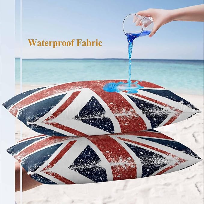 4th of July Outdoor Throw Pillows Covers 20x12 inch Set of 2 Waterproof British Flag Decorative Zippered Cushion Covers for Patio Furniture, Vintage Mottled National Flag Lumbar Pillowcases