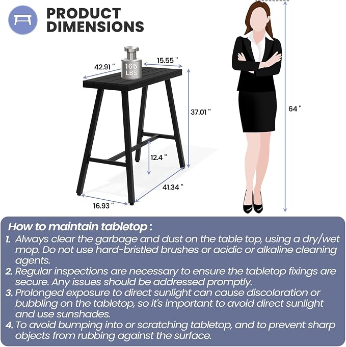 Crestlive Products Outdoor Bar Table, Patio Pub Table, 43'' Patio Bar Height Table with Weather Resistant Waterproof Top for Balcony, Bistro, Garden, Backyard, Poolside, Indoor (Black)