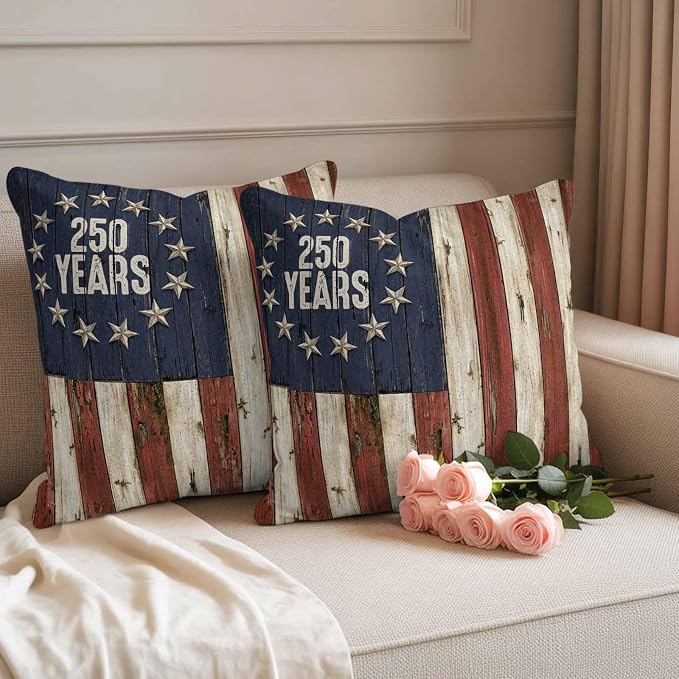 250 Year Anniversary USA Outdoor Waterproof Throw Pillow Covers 20"x20" Set of 2, 4th of July Vintage Wood Decorative Garden Pillowcase with Zipper Cushion Case for Patio Couch Tent