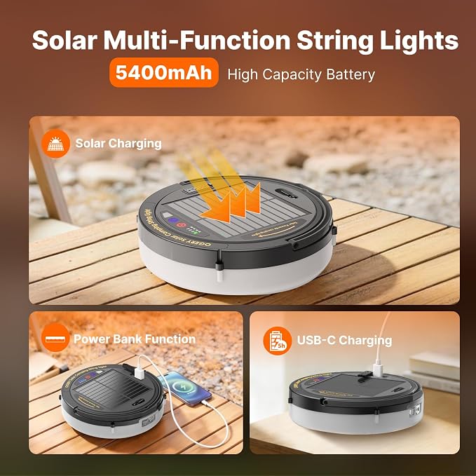 Solar Camping String Lights, 5400mAh/ 49.2FT/ 11 Modes Rechargeable | Camping Lights Outdoor/Indoor, 4-in-1 Quick Storage Fairy Tent Lights Portable LED Lamp for Patio Yard Party Decor Essentials