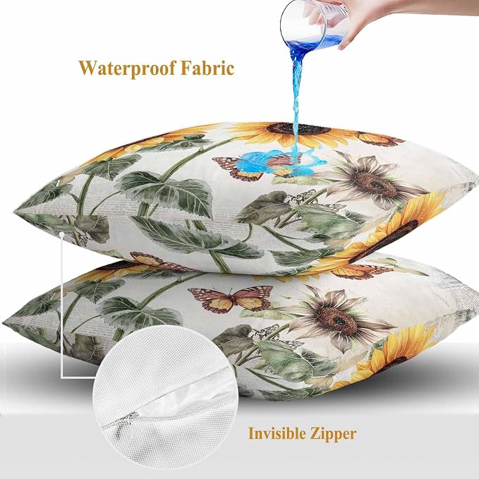 Sunflower Outdoor Waterproof Throw Pillow Covers Set of 2, 24"x24", Farmhouse Rustic Retro Summer Floral Butterfly Decorative Pillow Covers Outside Cushion Case for Patio Porch Garden
