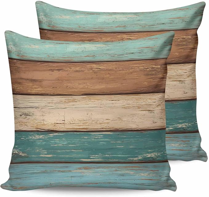 Outdoor Throw Pillows Covers 20X20 Set of 2 Waterproof Teal Turquoise Green Brown Decorative Zippered Cushion Covers for Patio Furniture, Farmhouse Retro Rustic Barn Wood Texture Lumbar Pillowcases