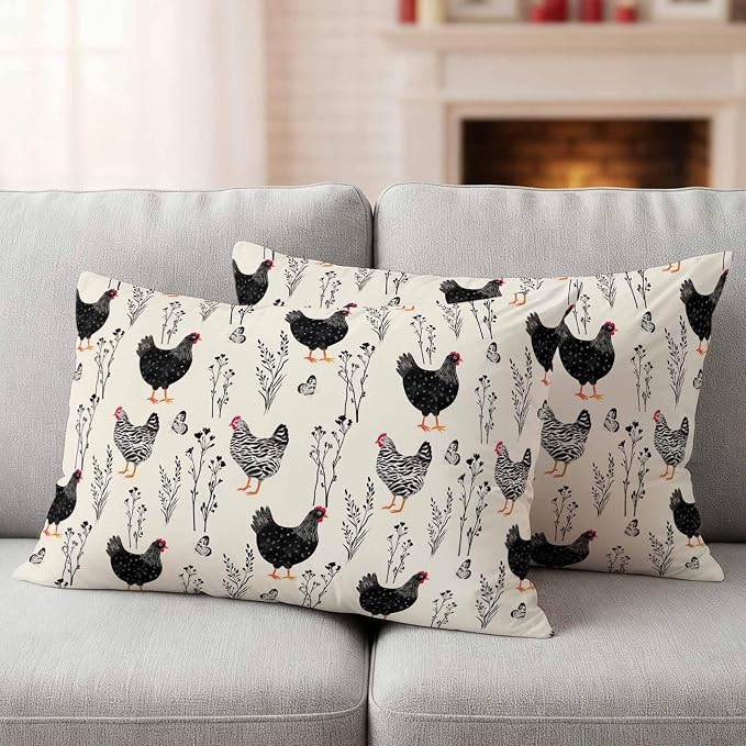 Beige Farm Chicken Outdoor Pillow Covers 20"x12" Set of 2, Country Farmhouse Black White Rooster Flower Leaf Waterproof Throw Pillow Covers for Patio Furniture, Decorative Cushion Covers for Porch
