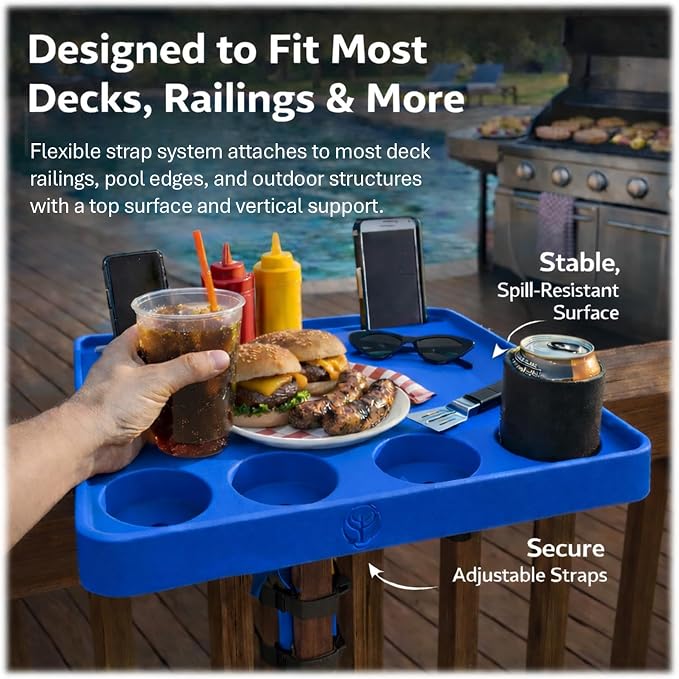 Adjustable Swimming Pool Table Serving Tray - Swim Pool Deck Patio Bar 4 Beverage Drink Cup Holders 2 Cell Phone Outdoor Portable Side UV Weather Resistant Above Ground Fountain