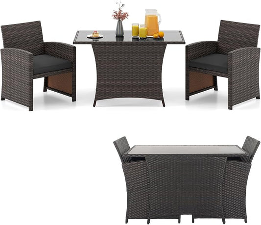 Tangkula 3 Piece Patio Wicker Dining Set, 2 Rattan Chairs with Rectangle Tempered Glass Dining Table, Outdoor Conversation Set with Cushions for Backyard, Porch, Poolside