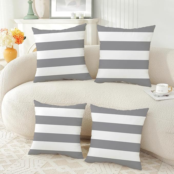 TAOSON Silver Grey Striped Outdoor Throw Pillow Covers 18x18 Inch,Set of 4 | White Striped Waterproof Decorative Cushion Cases for Patio, Garden, Balcony & Couch