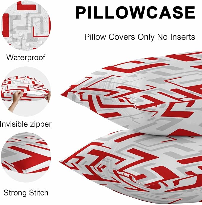 Vandarllin Outdoor Throw Pillows Covers 20x20 inch Set of 2 Waterproof Red Geometric Stripes Decorative Zippered Cushion Covers for Patio Furniture, Modern Abstract Lines Lumbar Pillowcases