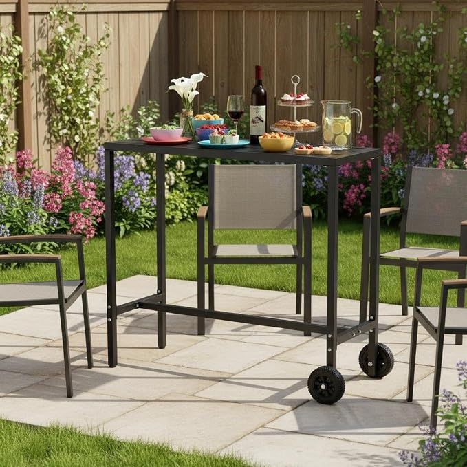 Takywep 39 Inch Counter Height Outdoor Bar Table with Wheels & Adjustable Leveling Feet, Multipurpose High Top Bar Table for Kitchen, Home Bar, Patio, Balcony, Black