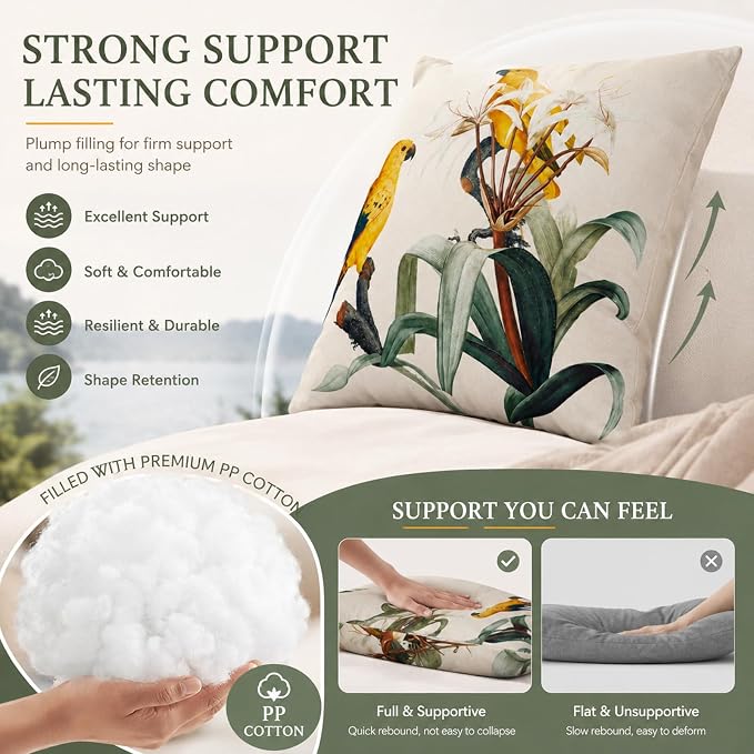 2pcs Outdoor Decor Pillows, Insert and Cover, Waterproof & Fade-Resistant Patio Couch Cushions for Garden, Porch, Poolside Sofa (Watercolor Parrot, 18x18in)