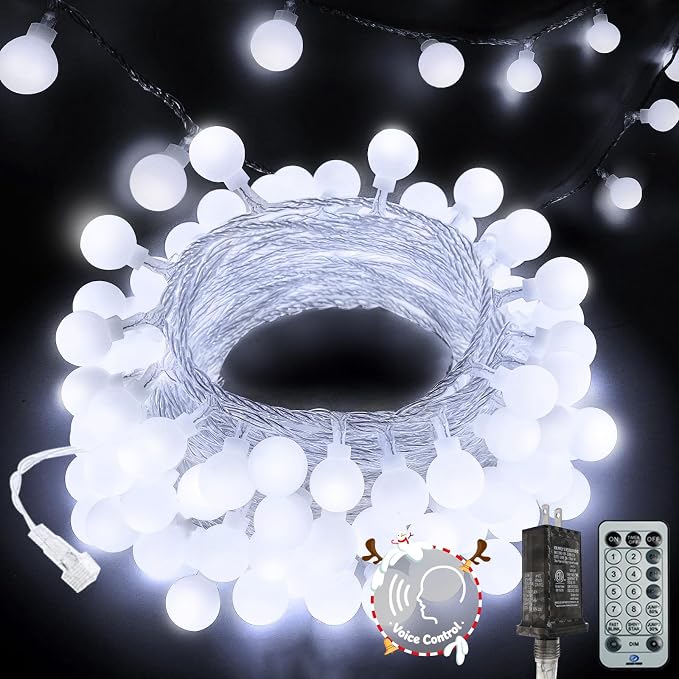 Connectable Globe String Lights Indoor 100LED Smart Fairy Lights Plug in | Voice Controlled, 43FT White Classroom Light, 12 Modes, Timer & Remote, Waterproof Christmas Light for Bedroom Party Decor
