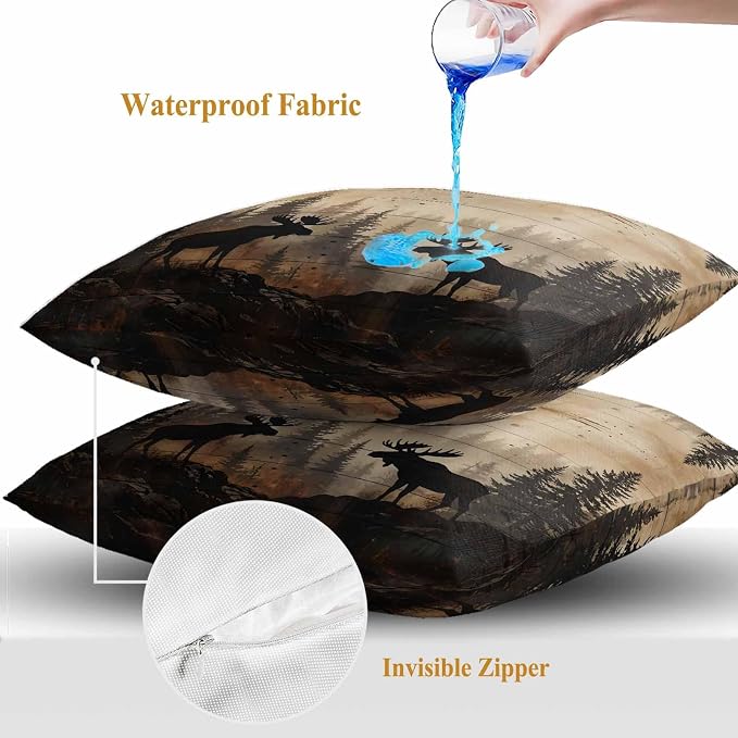 Nature Landscape Outdoor Waterproof Pillow Covers Pack of 2, Rustic Moose Forest Pine Silhouettes Wildlife Throw Pillowcases Decorative Cushion Covers for Garden Patio Tent Sofa Couch, 20x20 inch
