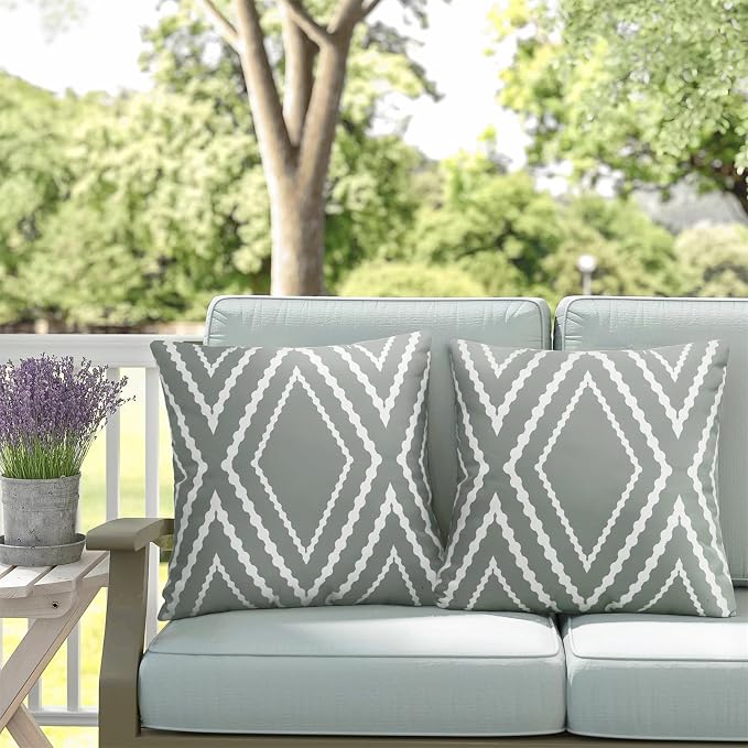 Adabana Outdoor Waterproof Pillow Covers 18x18 Gray | Geometric Decorative Throw Pillow Covers Set of 2 for Patio, Garden, Porch, Farmhouse