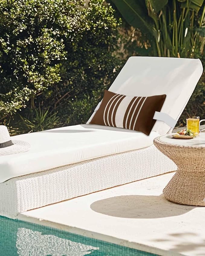 Pack of 2 Outdoor Lumbar Pillow Covers 11x16 Inch, Brown Beige Striped Waterproof Throw Pillow Covers Set, Modern Farmhouse Retro Lines Indoor&Outdoor Decorative Cushion Cases for Patio Porch Beach