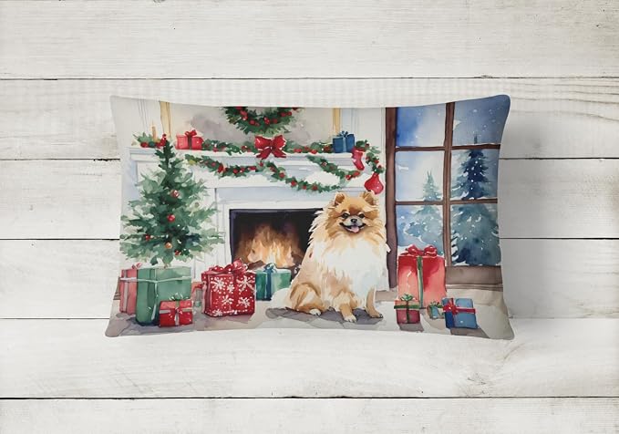 Caroline's Treasures DAC2722PW1216 Pomeranian Cozy Christmas Throw Pillow Machine Washable, Indoor Outdoor Decorative Pillow for Couch, Bed or Patio, 12HX16W