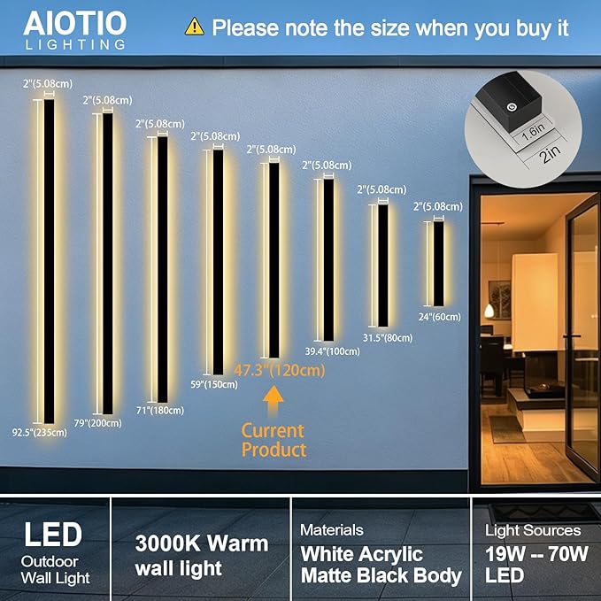 AioTio Modern Outdoor Wall Light, 47inch 2pack Exterior Lighting Fixture Wall Mount,Black IP65 Waterproof Porch Lights Wall Sconce,3000K Long LED Linear Outside Lighting for Garage, House,Front Door