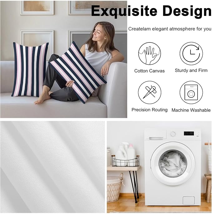 Pink Navy Blue Striped Outdoor Pillow Covers Waterproof, All Weather Cushion Case Set of 2, Minimalist Abstract Lines Artwork Lumbar Pillowcase for Sofa Couch Bed Decor Patio Furniture 20"x12"