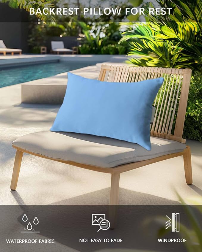 Outdoor Pillow for Lounge Chair with Strap & Insert SkyBlue Pattern Recliner Head Pillow Pure Colour Waterproof Headrest Patio Lumbar Pillows for Beach Pool Office Chaise Chair 12x20 Inch