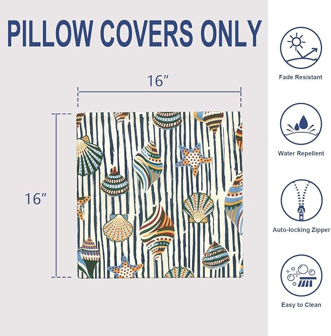 Outdoor 16x16 Inch Throw Pillow Covers Set of 2, Covers ONLY, All Weather Square Pillow Cases, Patio Cushion Pillow of Home Furniture Use, Crayon Shells