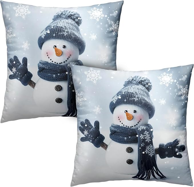 2 Pack Winter Snowman Pillow Covers Cute Winter Decor Throw Pillow Cover 22x22 Blue Decorative Cushion Cases Square Pillow Covers with Zipper for Home Party Sofa