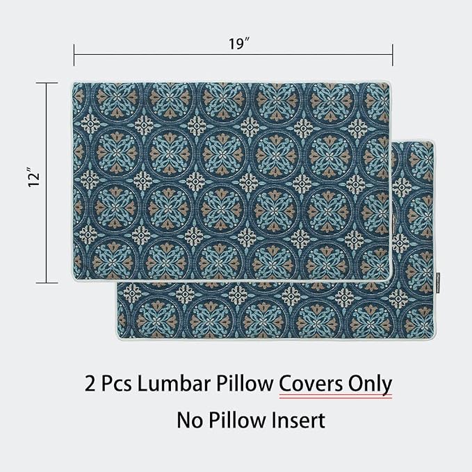 Magpie Fabrics Pack of 2 Outdoor Lumbar Pillow Case Covers 12"x20", Waterproof Rectangular Throw Pillowcase Shell Decorative Sham for Patio Garden Couch - Morgan Medal Blue