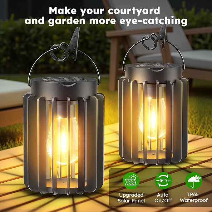 2 Pack Solar Lanterns Outdoor Waterproof, Metal Hanging Lantern, Black | 12-Hr Runtime Outdoor Solar Lantern, Auto On At Dusk, High Bright Hanging Solar Lights for Garden Porch Patio Yard Decor