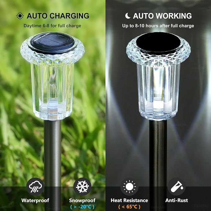 DenicMic Solar Pathway Lights Outdoor Waterproof Cold White LED 15 Pack | Yard Garden Driveway Walkway Landscape Path Lights, Starburst Pattern, Acrylic Diamond-like Lampshade Stainless Steel Pole