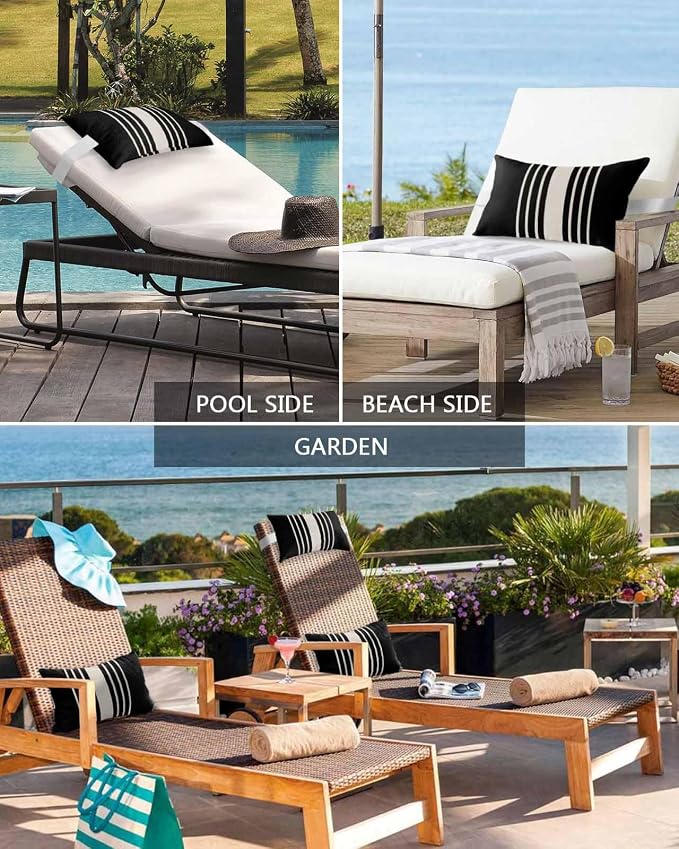 Pack of 2 Outdoor Lumbar Pillow Covers 12x20 Inch, Black Beige Striped Waterproof Throw Pillow Covers Set, Modern Farmhouse Retro Lines Indoor&Outdoor Decorative Cushion Cases for Patio Porch Beach
