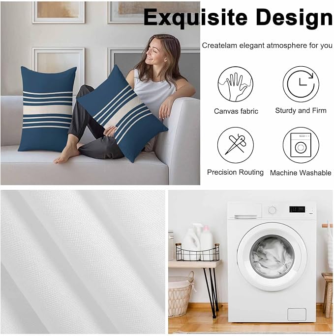 Lumbar Pillow Covers 20x12 Inch Set of 2, Navy Blue Beige Striped Waterproof Outdoor Cushion Covers, Modern Farmhouse Retro Lines Decorative Pillowcases for Couch, Sofa, Bed, Garden, Patio